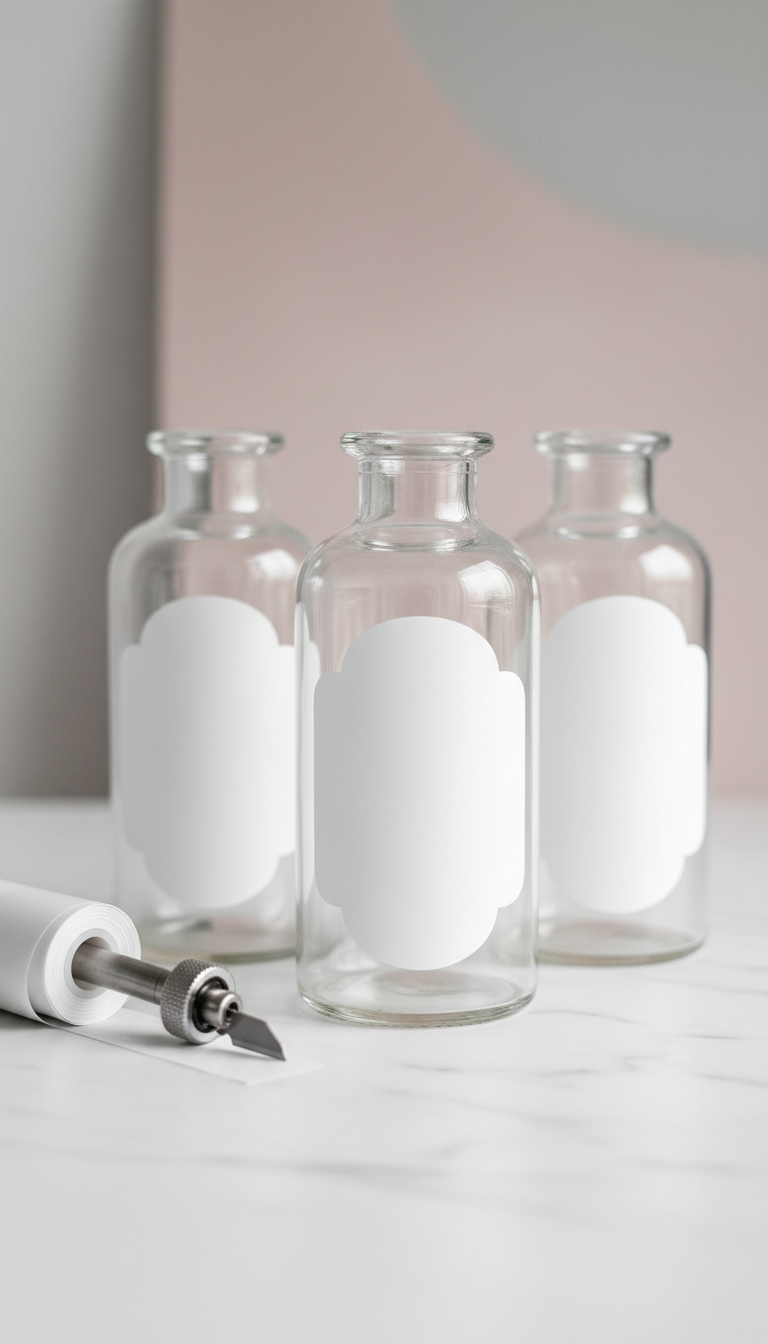 Homemade Coffee Syrup Jars: Design & Store Like a Pro 8 Elegant custom waterproof vinyl labels applied to clear glass apothecary syrup bottles on a white marble counter.