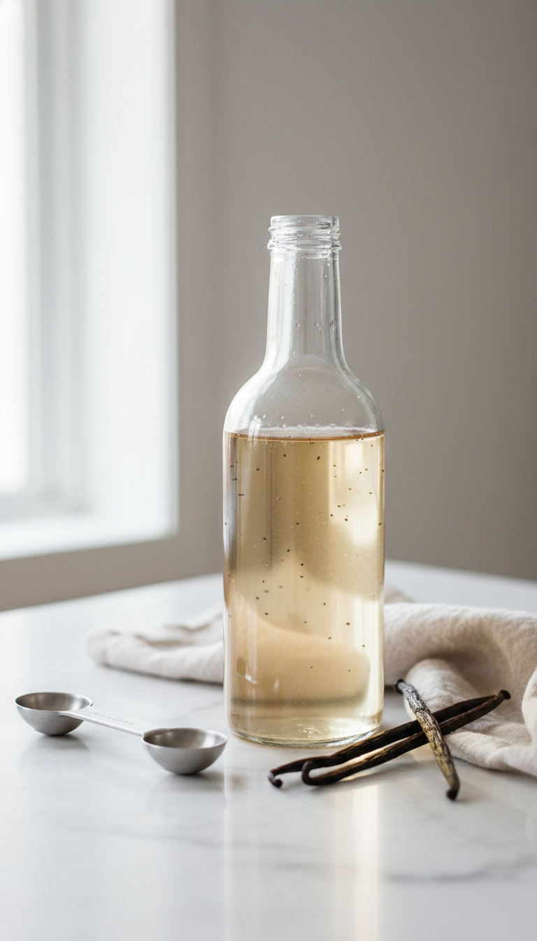 Elegant glass bottle of clear keto vanilla coffee syrup with a split vanilla bean, marble countertop, and linen cloth. Sugar-free vanilla.