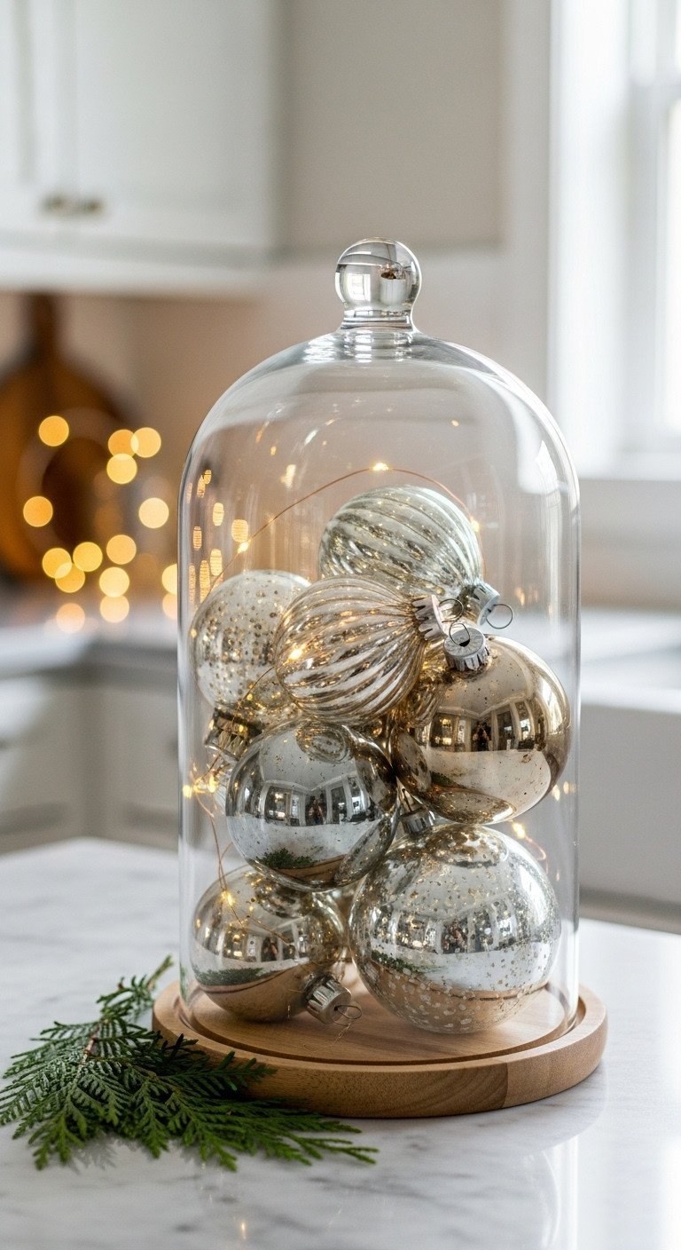 Elegant glass cloche with vintage silver & gold mercury glass ornaments, fresh cedar sprig on marble. Christmas decor.