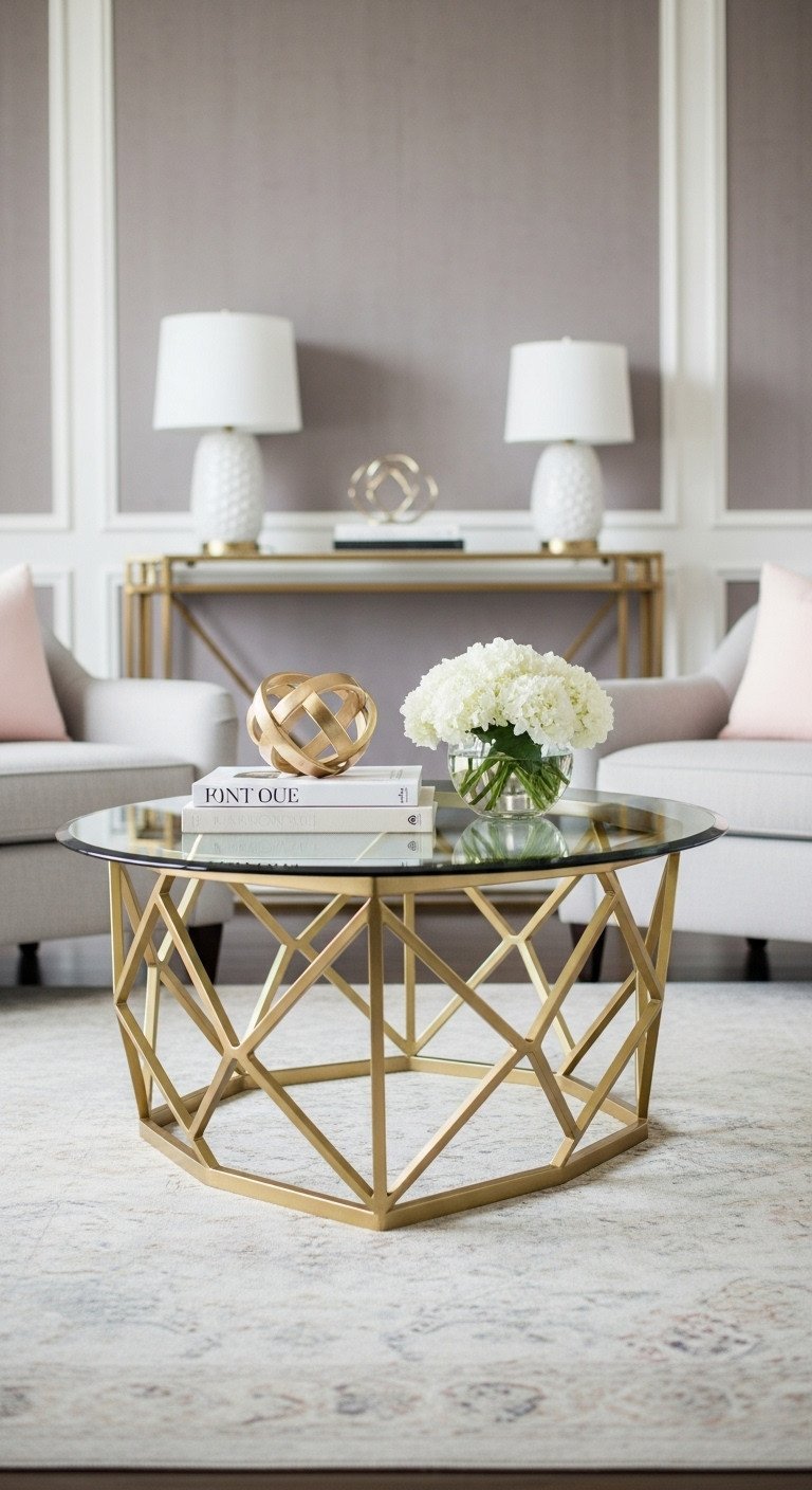 Smart Oval Coffee Table Ideas to Elevate Your Living Room 5 Elegant glass-top oval coffee table with a polished gold geometric base, minimally styled in a sophisticated living room.