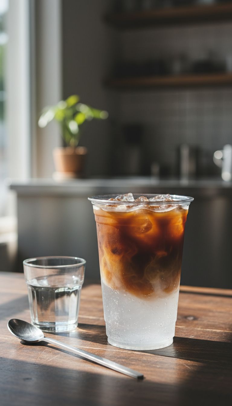 Dunkin Iced Coffee Espresso: Master Your Custom Order 3 Elegant iced Americano in a clear Dunkin' cup with dark espresso and ice on a wooden table, cafe background, coffee spoon.
