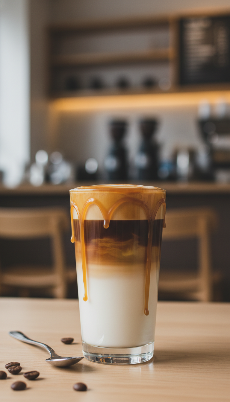 Order Caramel Iced Coffee: Dunkin's 7 Secret Customizations 5 Elegant layered caramel macchiato in a tall glass, showing distinct milk, espresso, and caramel drizzle layers on wood.