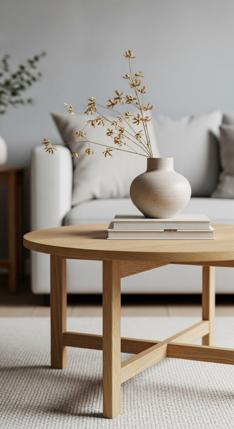 Elegant light oak round Scandinavian coffee table in a cozy living room, styled with a ceramic vase and coffee table books.