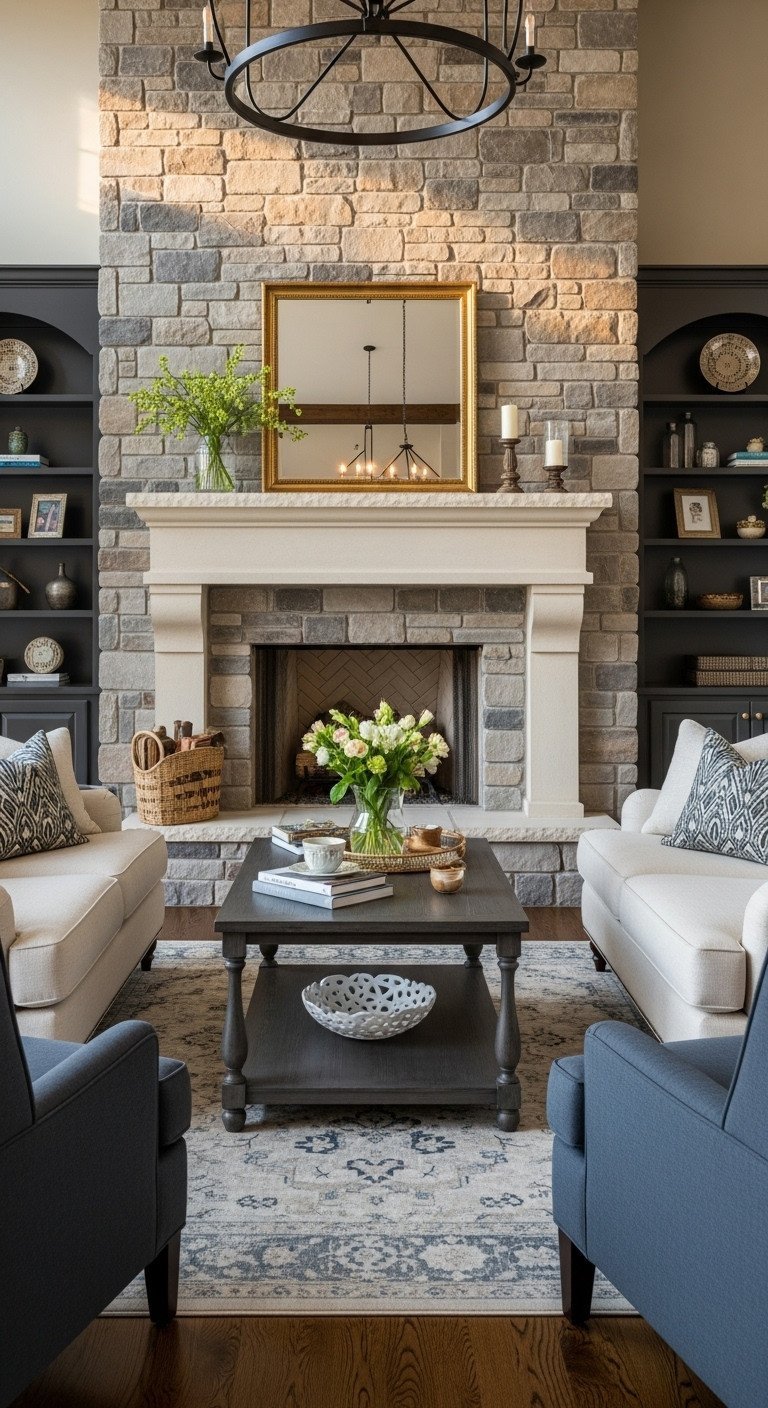 Elegant living room: grand stone fireplace, symmetrical sofas, coffee table. Warm creams, deep charcoal, soft greens decor.