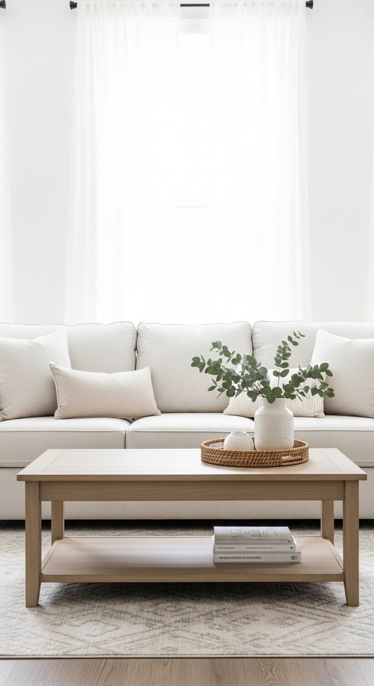 Elegant living room with rectangular coffee table, two-thirds length of three-seater sofa, soft beige and natural wood decor.