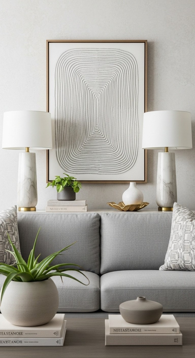 Elegant long sofa table behind modern grey linen couch with symmetrical decor, two lamps, abstract art, books, plant, cream, gray, gold accents.