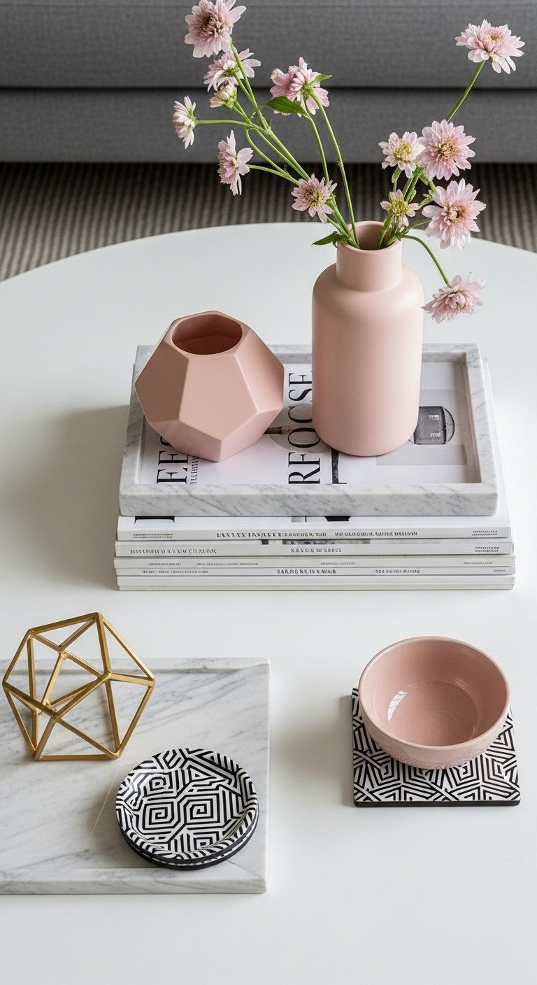 Transform Your Home With 7 Easy Coffee Table Vignettes 8 Elegant mid-century modern coffee table with geometric sculpture, marble tray, magazines, and flowers on a round surface.