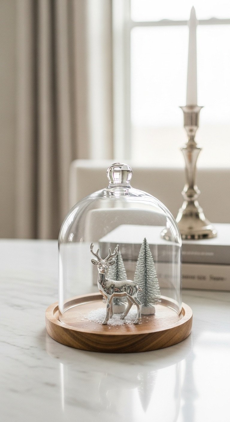 Elegant minimalist Christmas coffee table decor featuring a glass cloche over a ceramic deer on a wooden tray with faux snow, neutral tones.