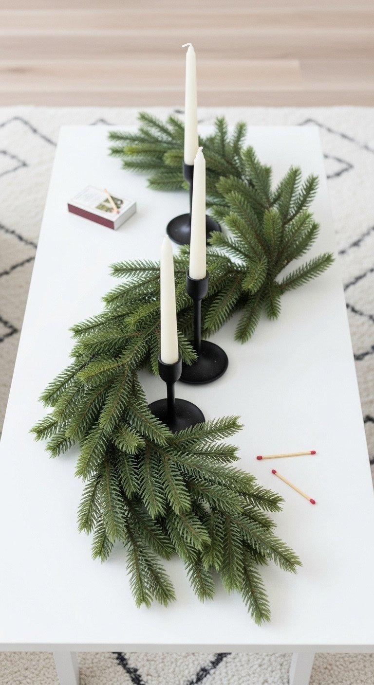 Elegant minimalist Christmas decor: faux pine garland with ivory pillar candles in black holders on a white coffee table flat lay.