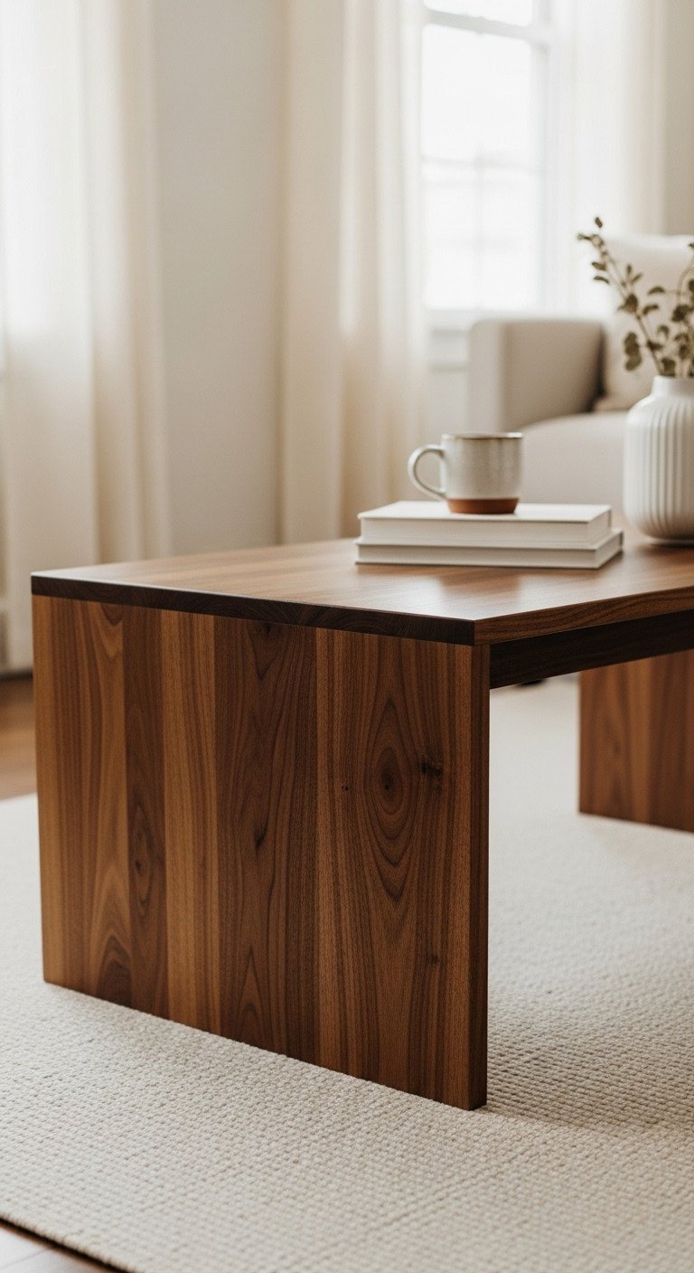 Elegant modern box-frame coffee table, dark walnut stained wood, clean joinery, on a light rug with minimalist decor.