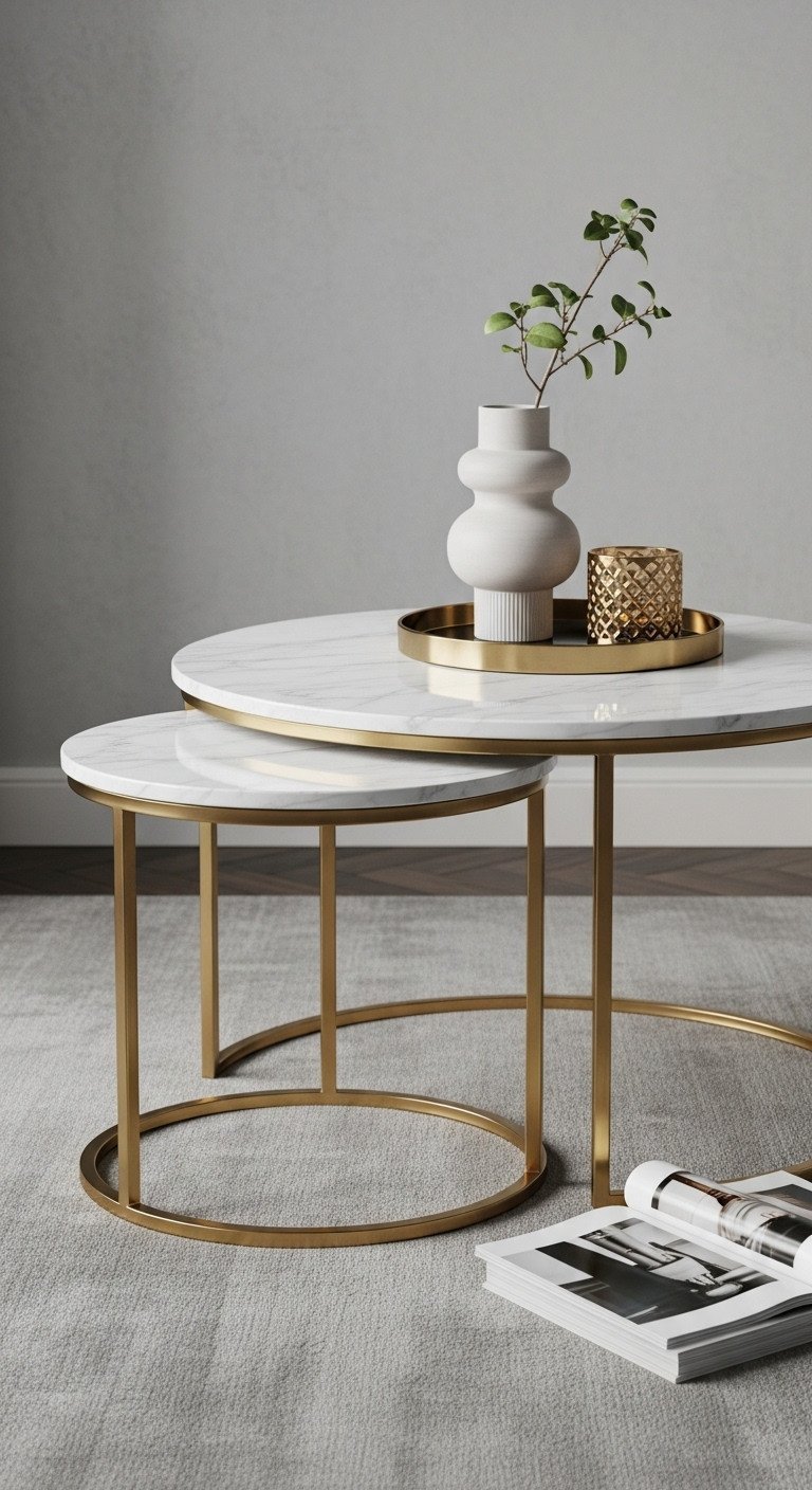 Elegant modern luxury living room with white Carrara marble nesting coffee table set, polished gold legs, and soft gray wall.
