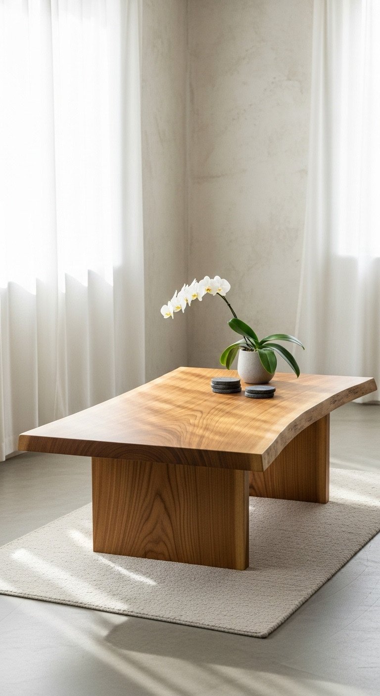 Elegant modern solid wood slab coffee table, natural grain, light rug, orchid. Sophisticated Japanese design, low profile.