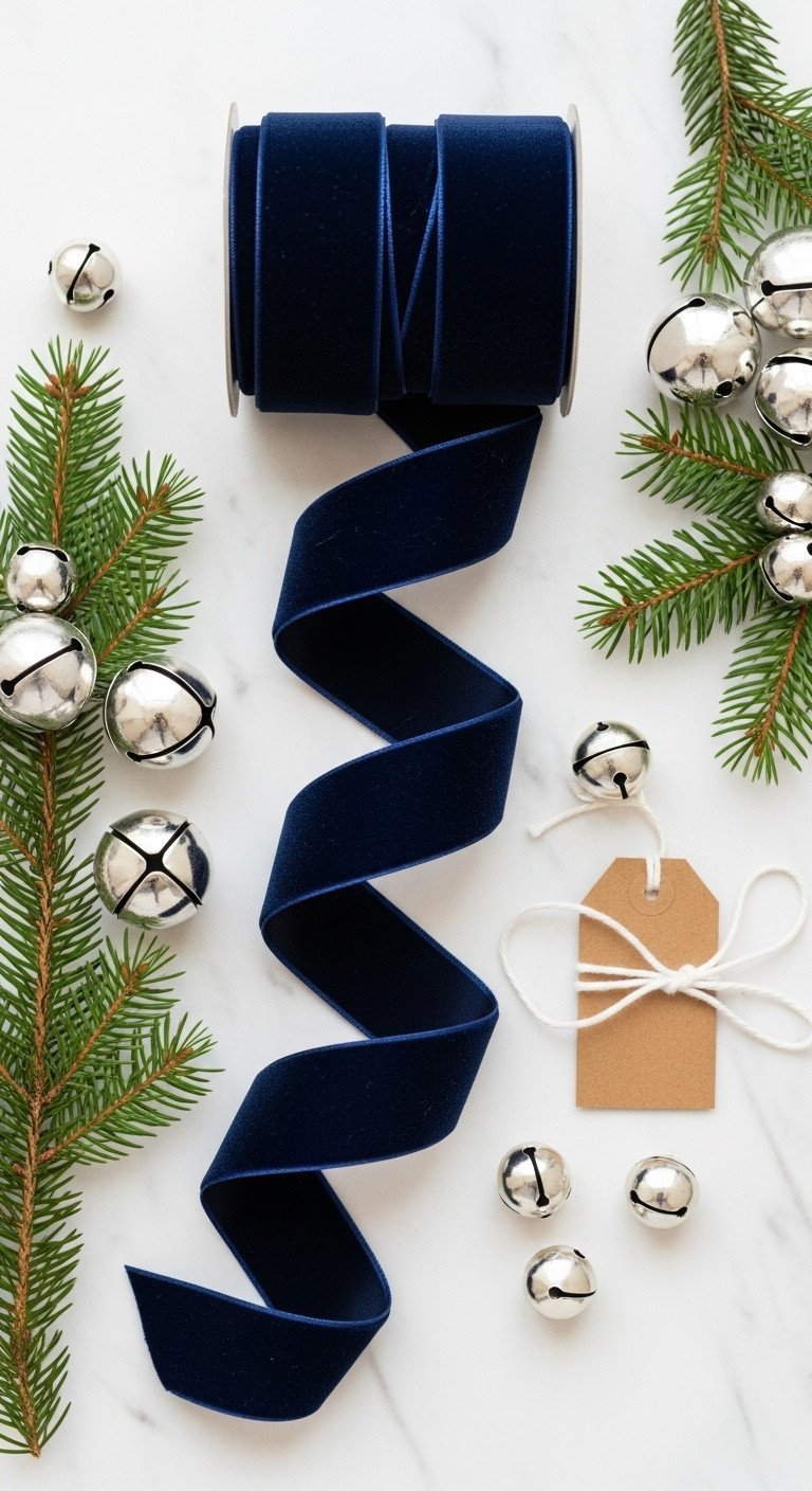Elegant navy blue velvet ribbon draped with polished silver bells and crisp pine sprigs on a white marble surface.