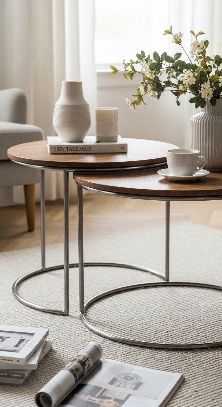 Elegant nested round coffee tables, slim steel legs, walnut and oak tops, cozy living room flat lay with magazines.