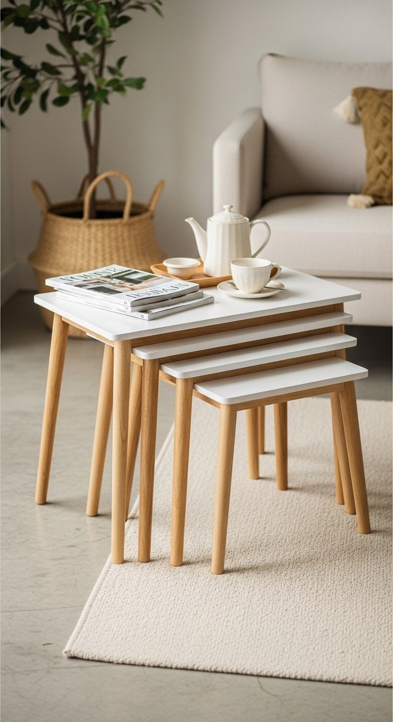 Elegant nesting Scandinavian coffee tables, white lacquer and wood, styled with magazines and a tea set in a modern living room.