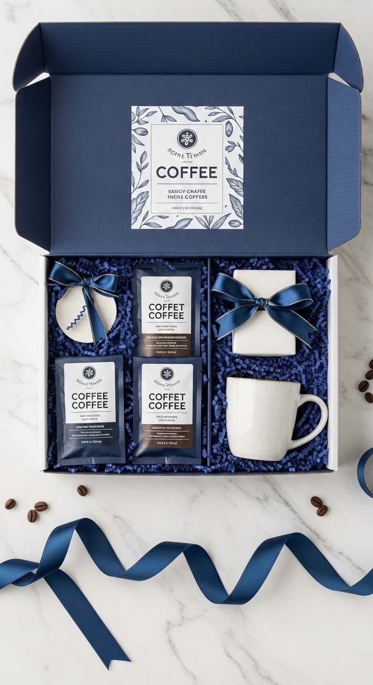 Elegant open holiday coffee gift box with three mini sampler bags and a ceramic mug, in blues and whites, on marble.