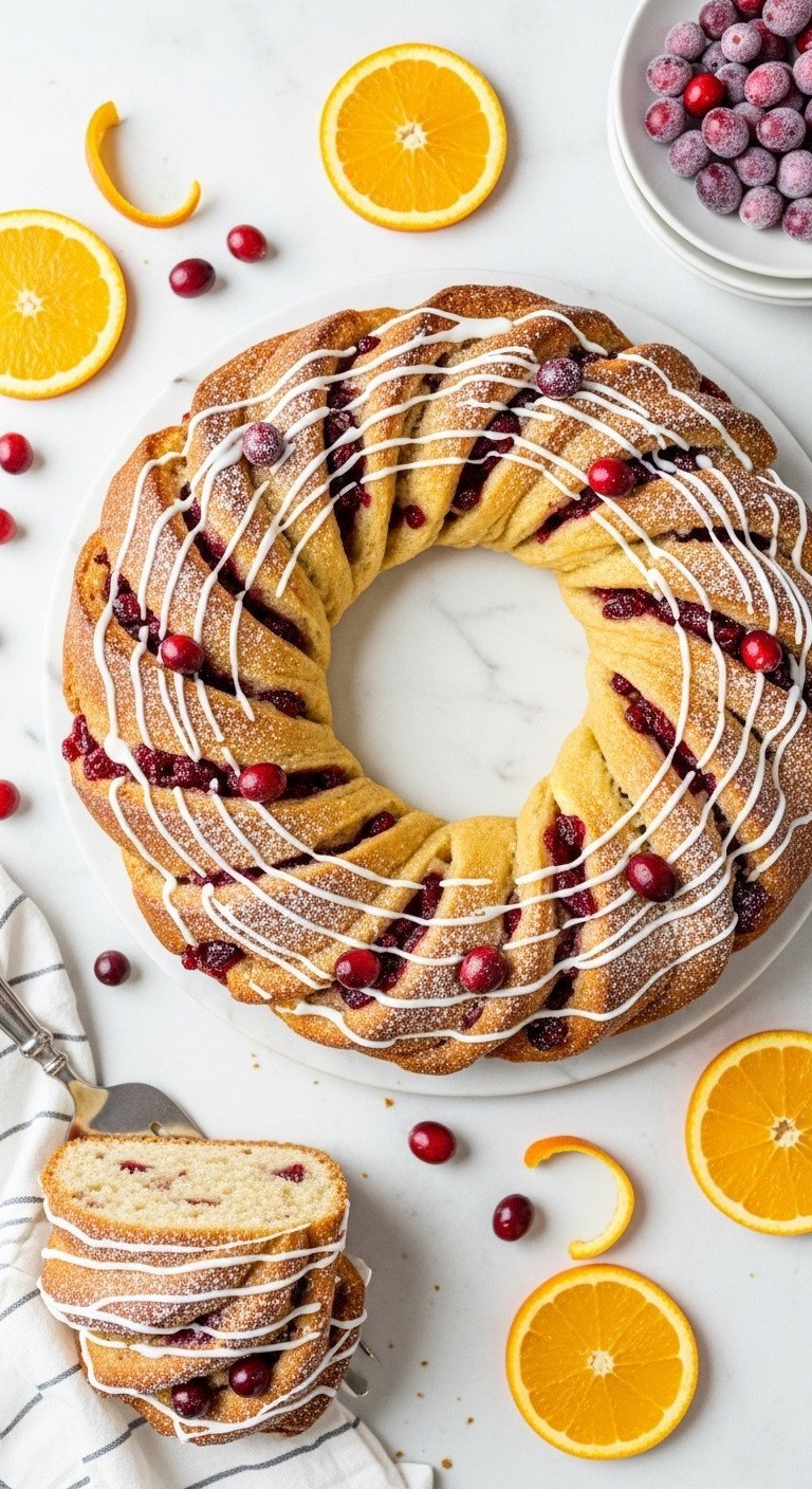 Best Moist Christmas Coffee Cake for a Perfect Holiday 5 Elegant orange cranberry wreath cake with golden crust, fresh cranberries, powdered sugar glaze on white marble.