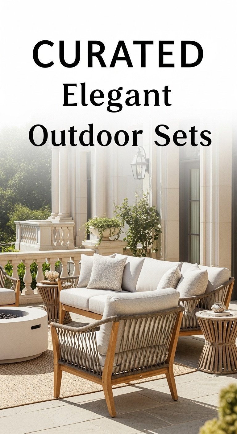 Elegant outdoor living set with durable sofa and chairs on a stone patio, against a stunning natural landscape view. Luxury outdoor design.