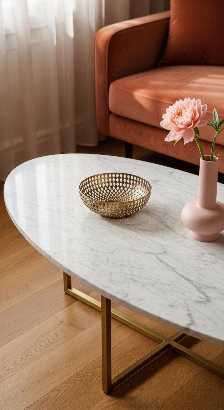 Unique Stone Coffee Table Designs To Transform Any Living Space 7 Elegant oval marble coffee table, polished white stone with intricate veining, delicate brass base, soft pink accents, luxury living.