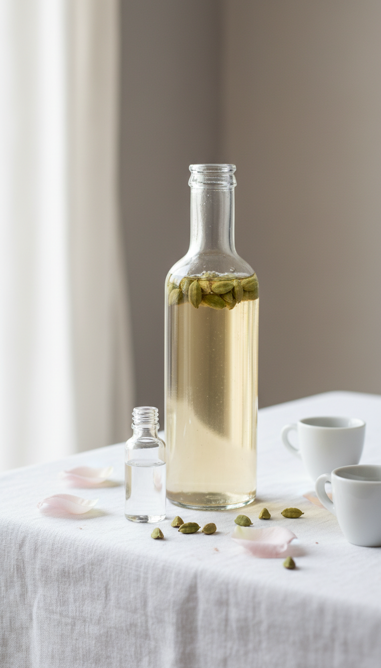 Homemade Coffee Syrup Flavors: 11 Easy Recipes to Master 19 Elegant rosewater cardamom syrup with green pods in a glass bottle, with rose petals on a white linen tablecloth.