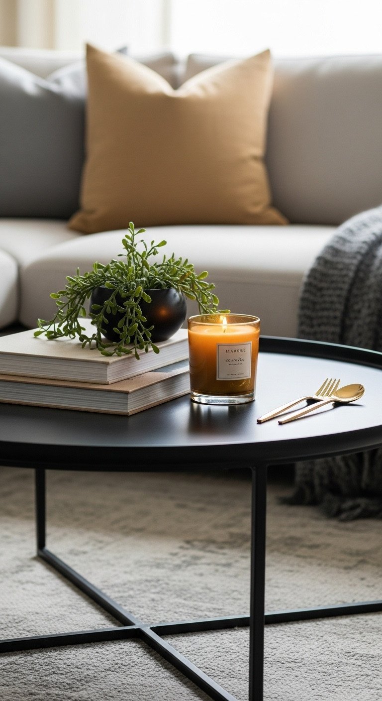 Elegant round coffee table decor: books, small plant, and candle on a sleek black metal table with subtle reflection.