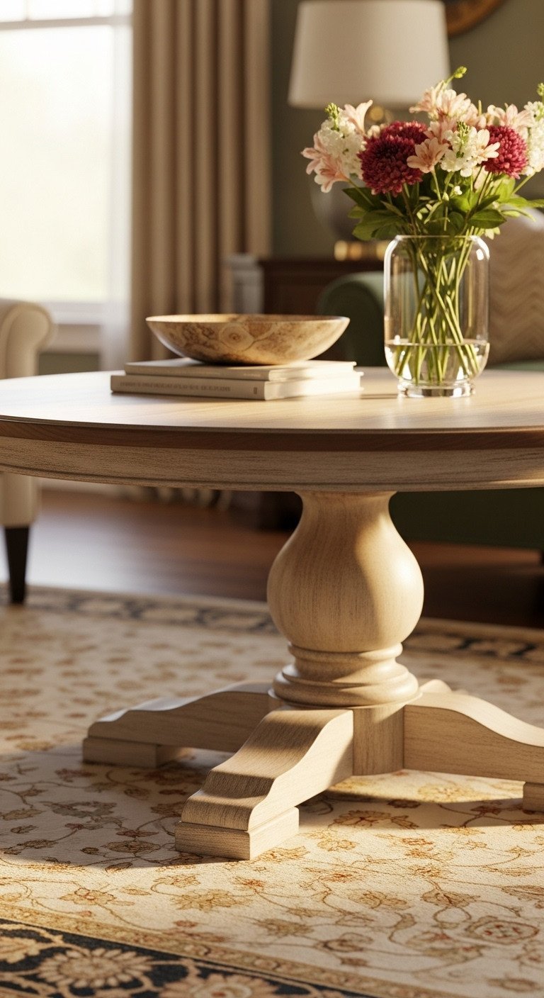 Elegant round coffee table with a substantial, carved pedestal base and smooth top, a sophisticated focal point in a living room.