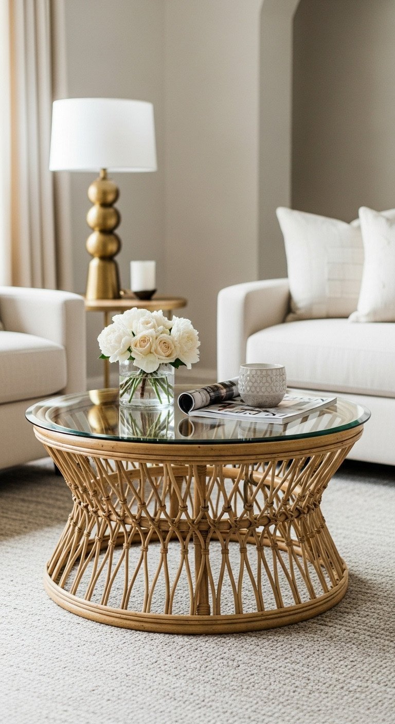 Discover 11 Genius Boho Coffee Table Ideas for Eclectic Homes 19 Elegant round glass top coffee table with finely woven rattan base, simple flowers & magazine in a transitional boho space.