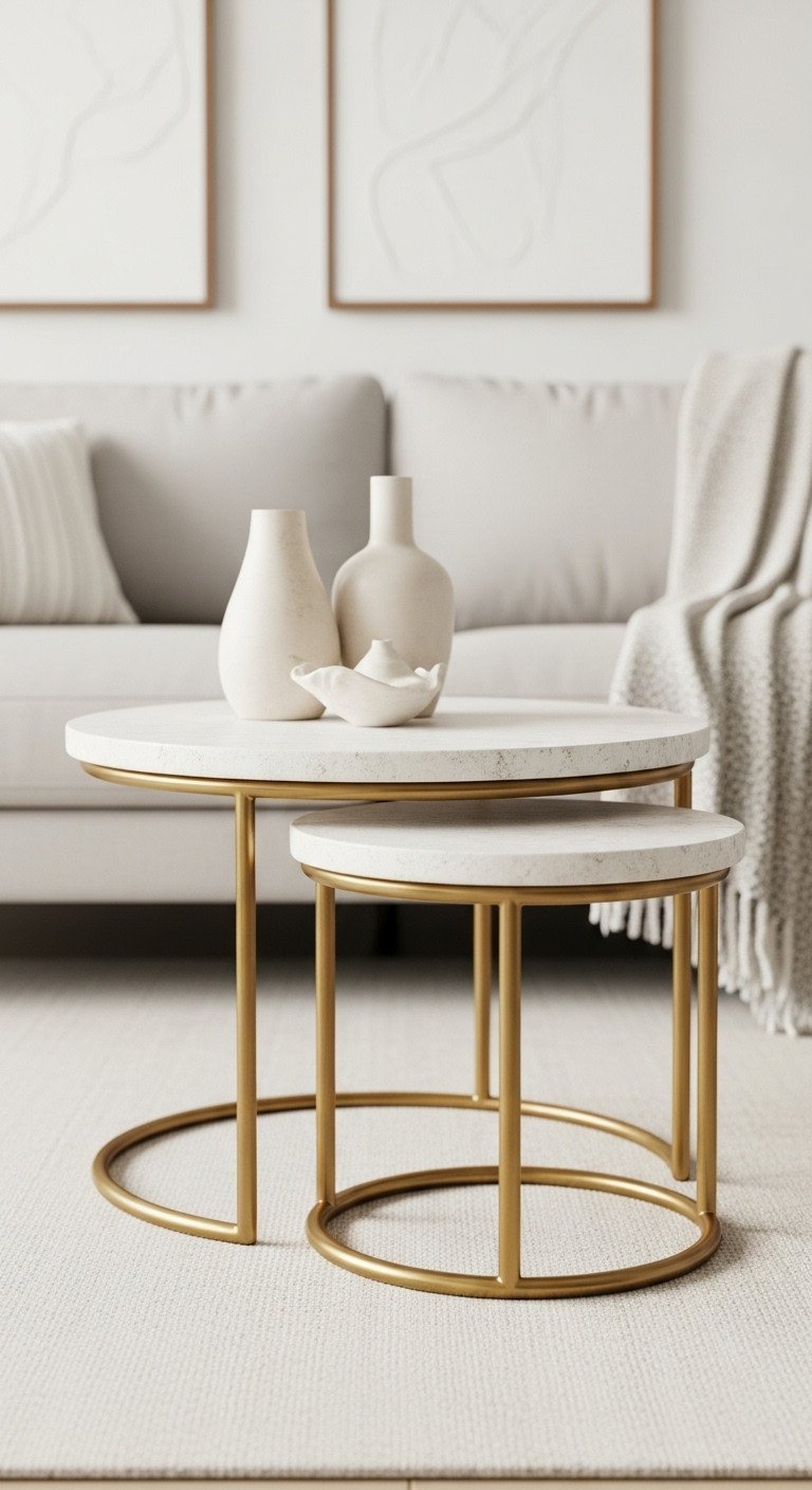 Unique Stone Coffee Table Designs To Transform Any Living Space 21 Elegant round stone nesting coffee tables, space-saving design, light stone, polished gold bases, neutral living room decor.