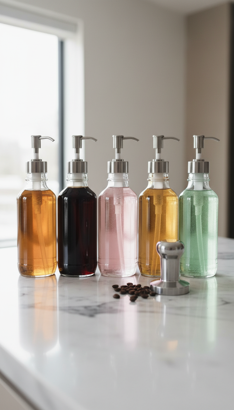 Elegant row of five clear glass bottles with metal pumps, filled with homemade caramel, vanilla, and rose coffee syrups on a marble counter.