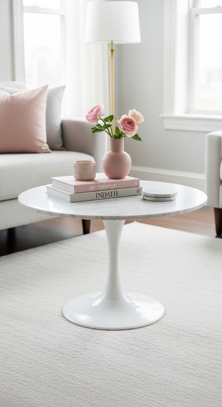 Elegant small round marble coffee table in a modern living room. Styled with art books and a single flower, showcasing minimalist design.