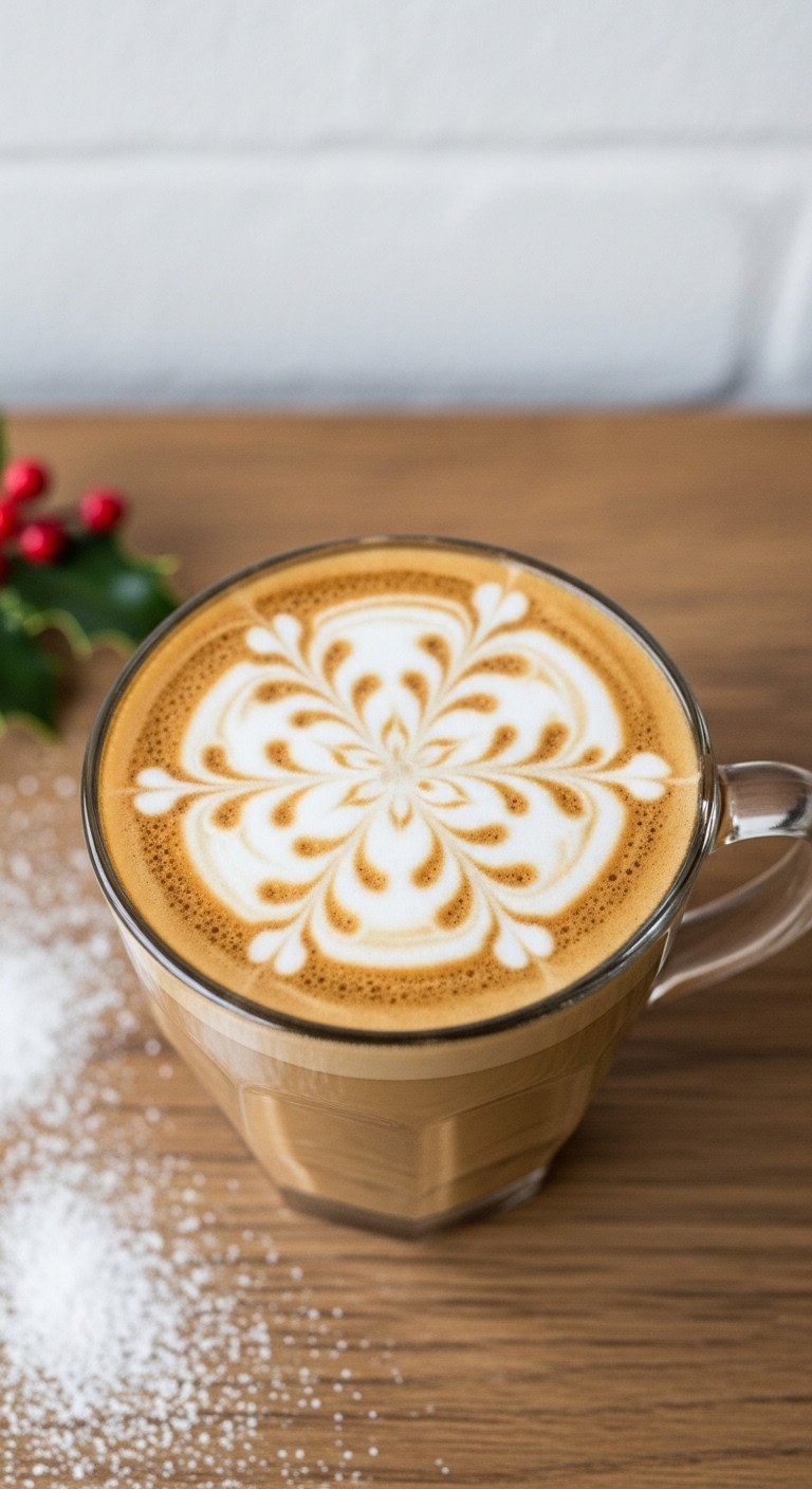 Elegant snowflake etching latte art with rich crema in white foam, clear glass mug on natural wood, powdered sugar.
