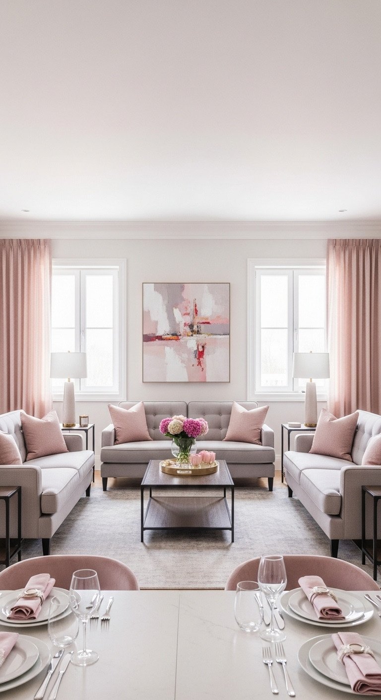 Elegant, symmetrical living room: sofas, coffee table, end tables, lamps. Pink, gray, white palette, bright light.