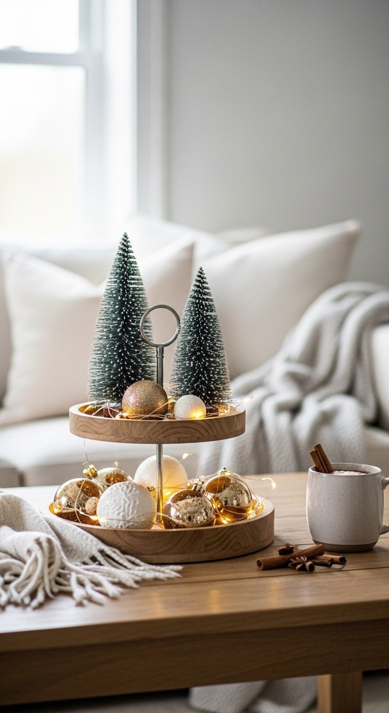 Elegant three-tiered wooden tray with frosted pine trees, gold baubles, and LED lights on a rustic Christmas coffee table.