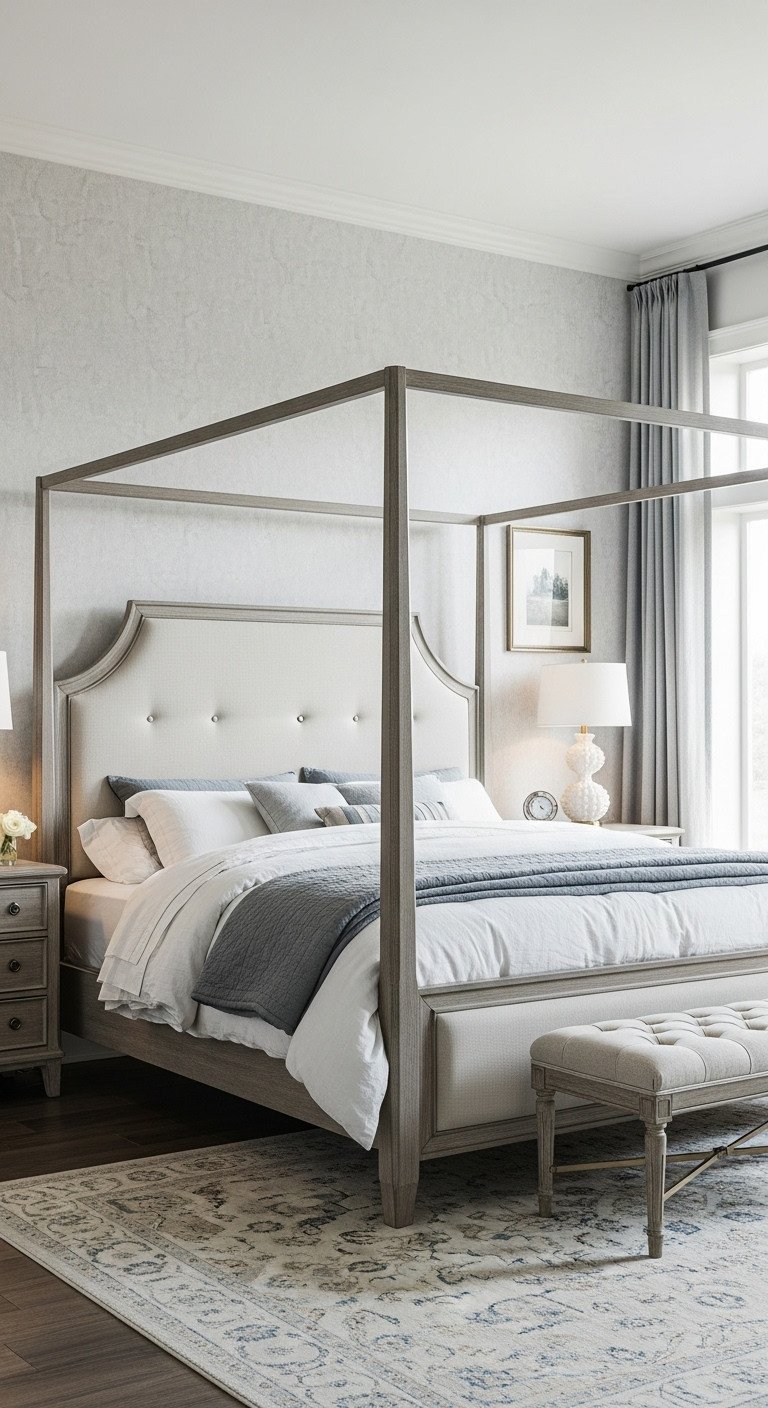 Elegant upholstered bed frame with matching nightstands in a serene master bedroom. Features soft linens, designer lamps, and a neutral palette.