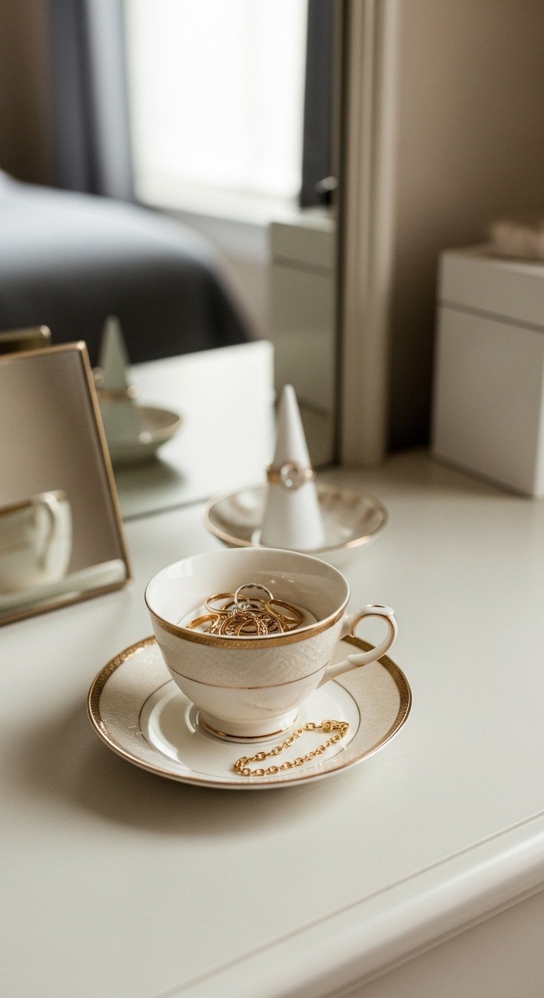 11 Tea Cup Upcycle Ideas Master China Drilling and Permanent Bonds 21 Elegant vintage teacup and saucer jewelry organizer, holding delicate gold rings and a chain bracelet on a dresser.