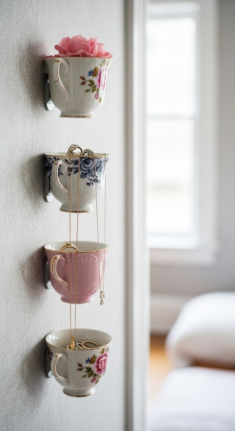 11 Tea Cup Upcycle Ideas Master China Drilling and Permanent Bonds 17 Elegant wall-mounted vintage teacups acting as floating shelves, displaying delicate jewelry and small trinkets.