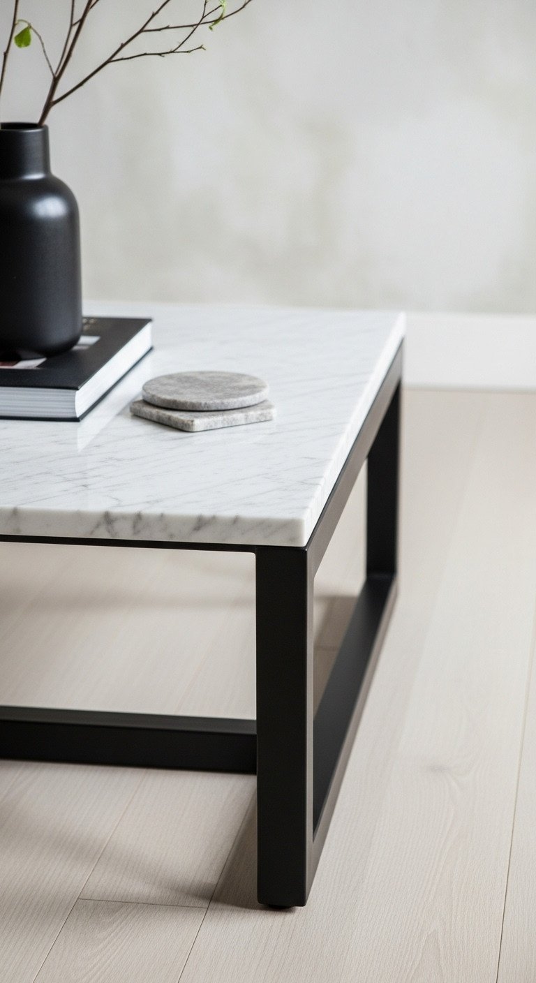 Elegant white Carrara marble coffee table with intricate veining & matte black industrial metal base on pale hardwood floor.