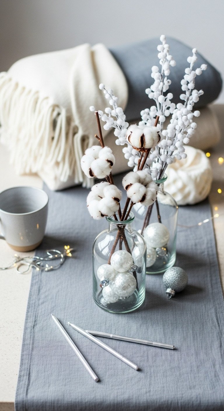 Elegant white Christmas flat lay with cashmere throw, glass vases, cotton stems, and silver ornaments. Cozy holiday textures.