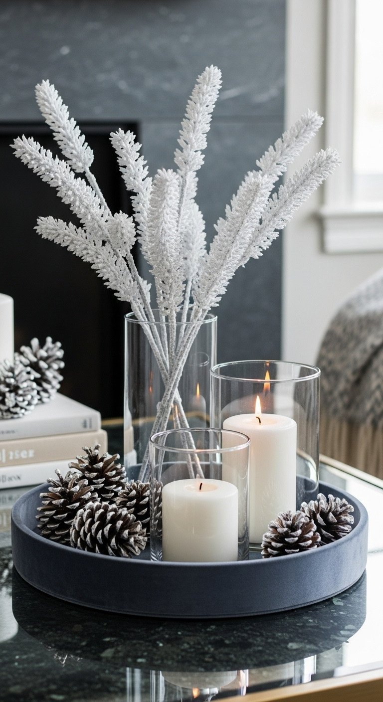 Elegant winter coffee table decor on stone: velvet tray, white pillar candles, glass hurricanes, silver pine cones, berry branches.