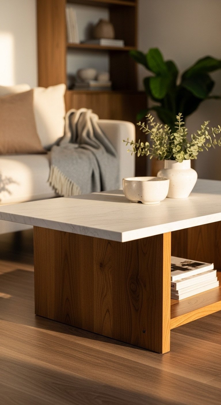 Unique Stone Coffee Table Designs To Transform Any Living Space 19 Elegant wood and stone coffee table with rectangular marble top, warm walnut base, in a cozy living room with wool throws.