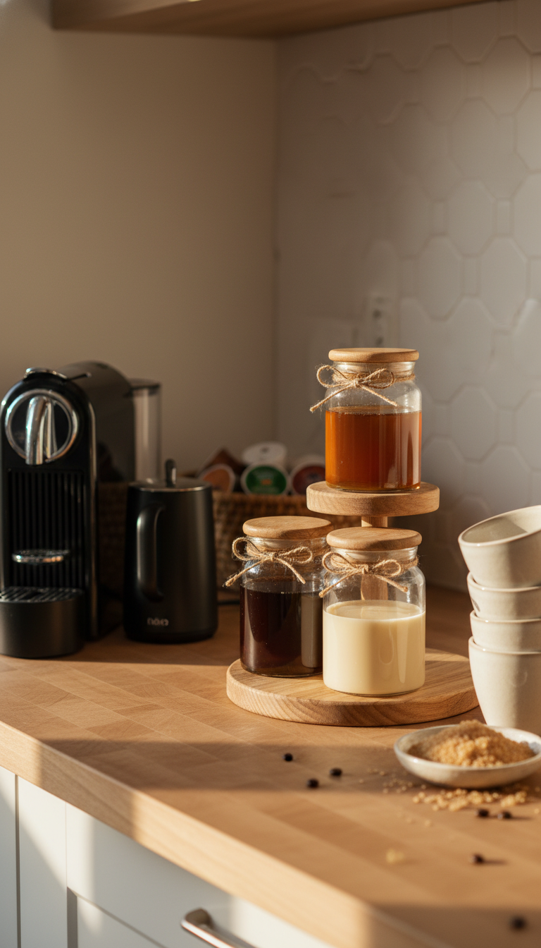 Homemade Coffee Syrup Jars: Design & Store Like a Pro 12 Elegantly organized home coffee bar featuring homemade syrup jars on a tiered wooden organizer with an espresso machine.