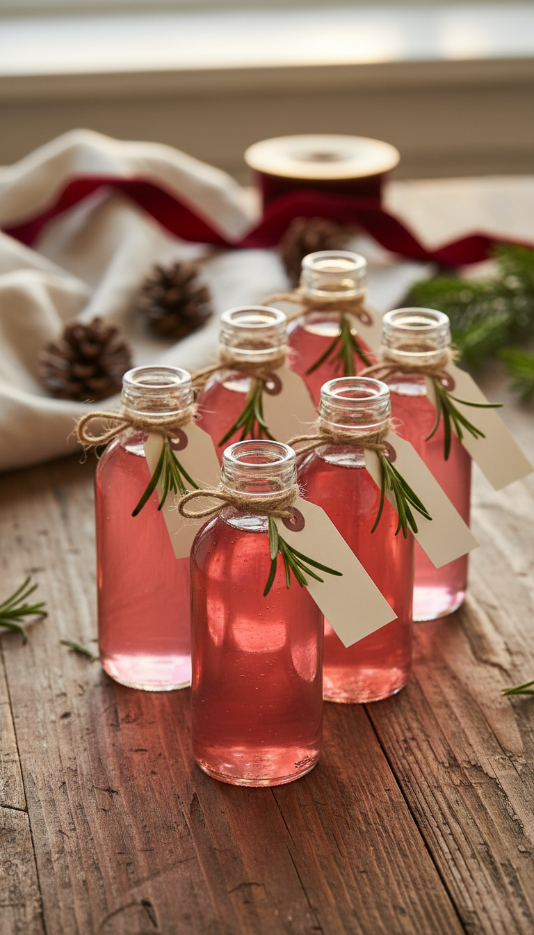 Homemade Peppermint Coffee Syrup Perfect Coffeehouse Taste 11 Elegantly packaged pink peppermint syrup in glass bottles tied with twine and rosemary, on a rustic table with pinecones.