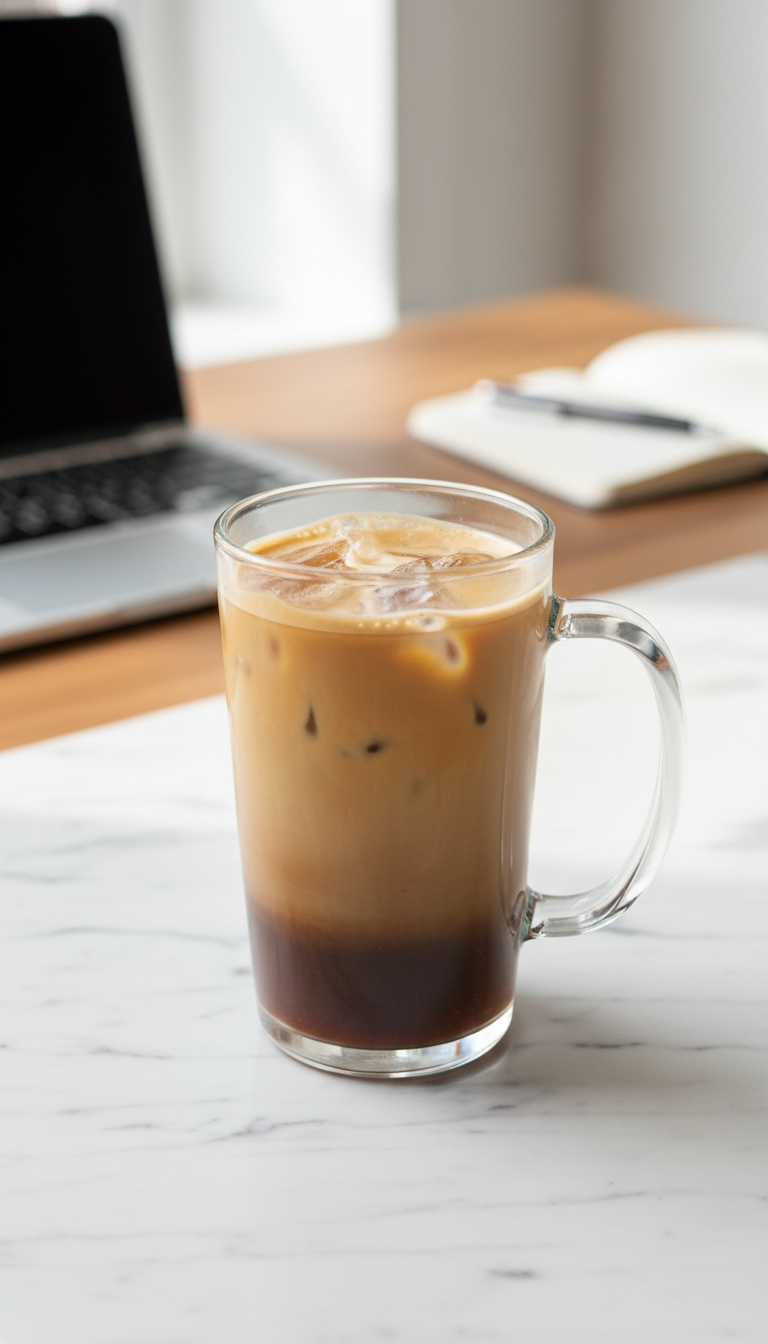 7 Sweet Dunkin Iced Coffee Orders: Ultimate Guide & Custom Tips 11 Elevated iced espresso latte, layered with creamy milk in clear mug. Marble counter, laptop, notepad, bright morning daylight.