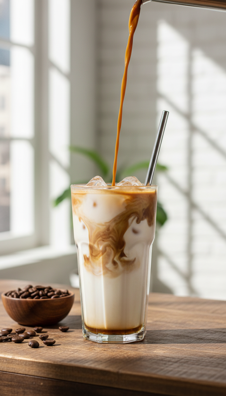 Homemade French Toast Coffee Syrup: Master Cafe Drinks Easily 9 Espresso poured into iced milk with homemade french toast coffee syrup layered in a tall glass, creating a beautiful swirl.