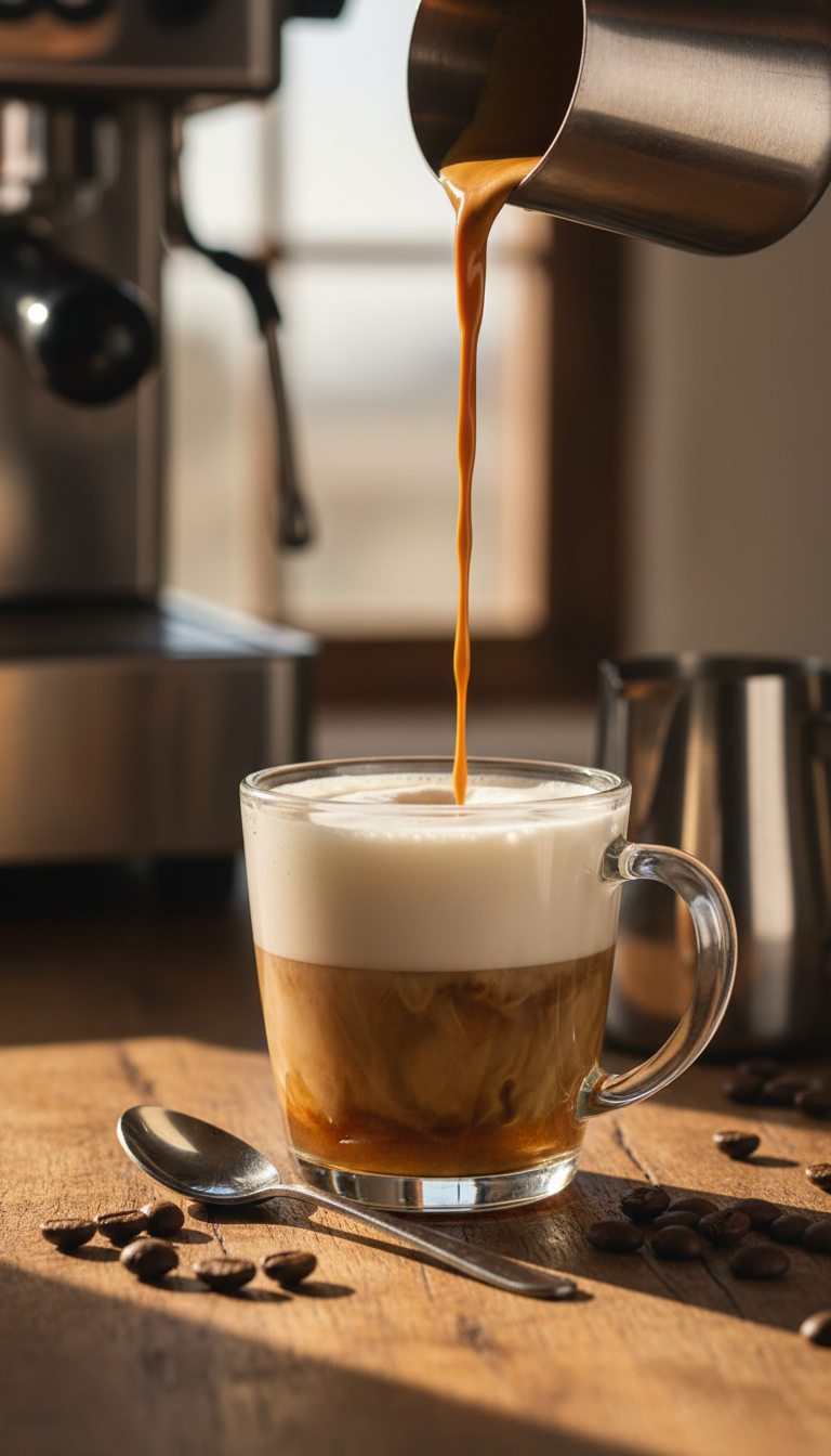 Espresso shot poured into mug with milk and apple coffee syrup, preparing a delicious homemade latte.