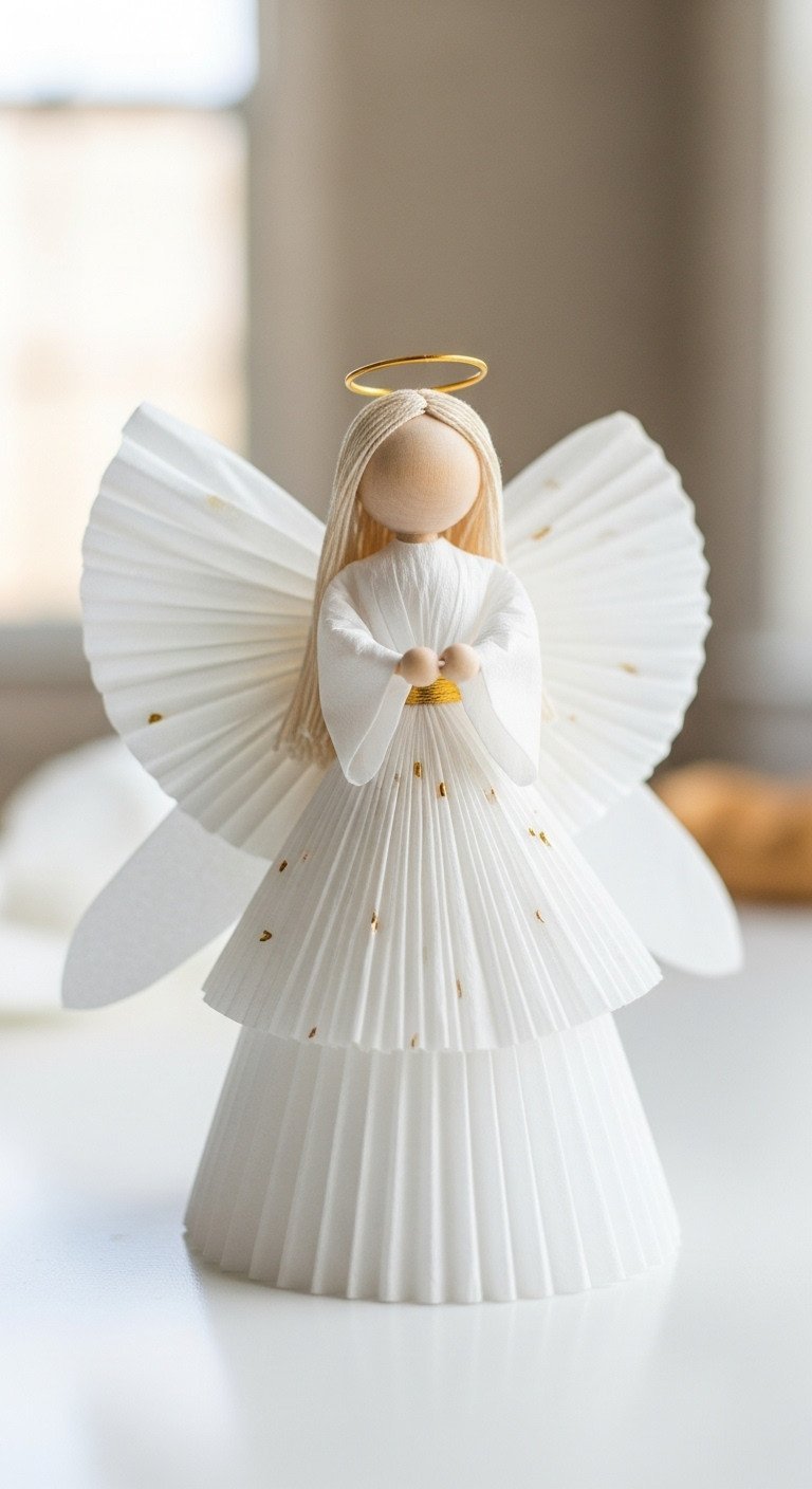 Ethereal white coffee filter angel, flowing dress, translucent wings, wooden bead head, gold accents. Serene DIY holiday decor.