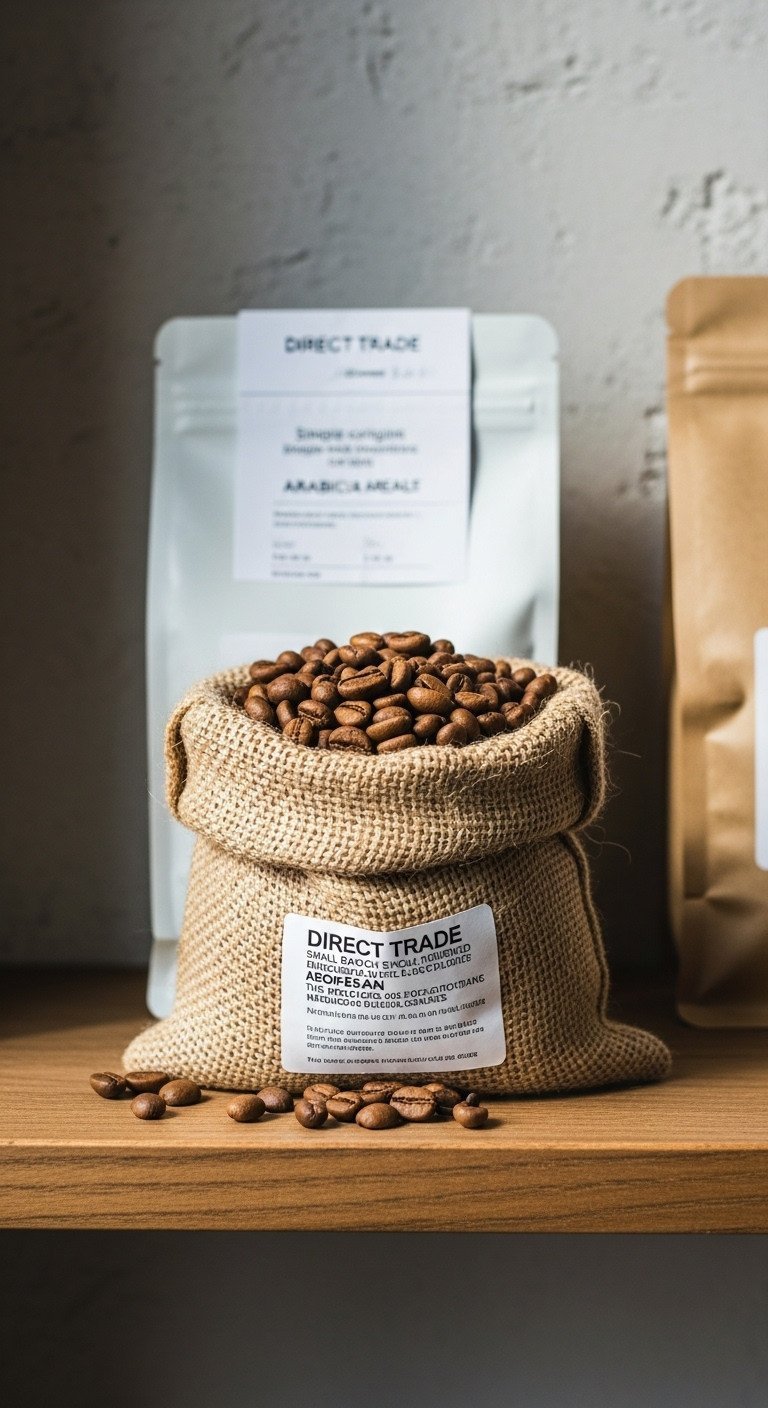 7 Best Christmas Coffee Blends & Easy DIY Recipes 7 Ethically sourced, light-medium roast single-origin Arabica coffee beans in a burlap sack on a wooden shelf. Natural light.