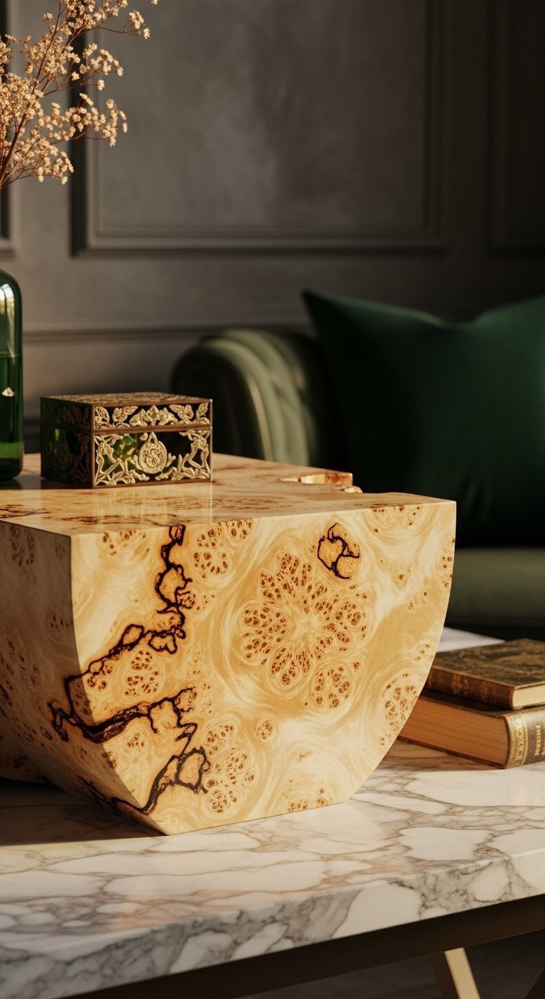 7 Unique Wood Coffee Table Styles For Your Home 12 Exotic burl wood coffee table with intricate swirling grain and glossy finish, styled with an antique book.