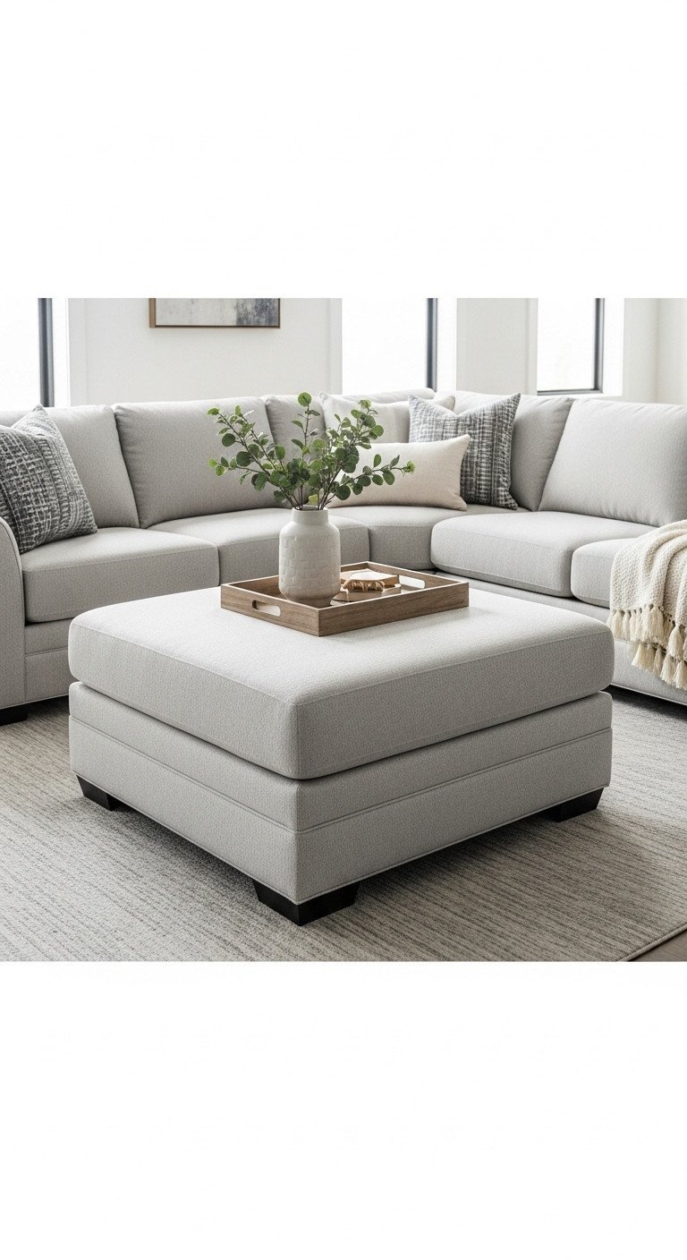 Extra large rectangular ottoman coffee table integrated with a modern L-shaped sectional sofa. Styled with a wooden tray and pillows.