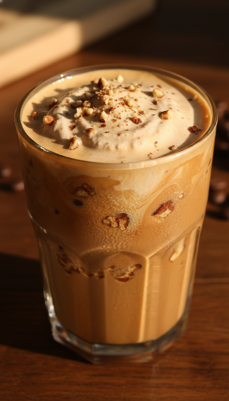 Your Essential Dunkin Hazelnut Iced Coffee Order Guide 9 Extra nutty iced coffee with butter pecan and hazelnut, creamy brown texture on dark wood with coffee beans.